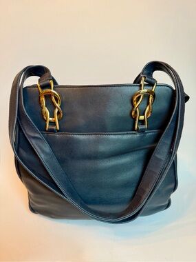 Vintage Del Mano Genuine Leather Black Shoulder Bag Gold Knot Hardware